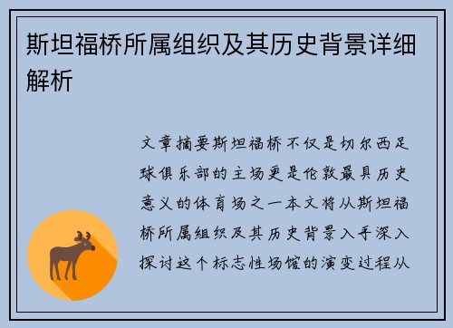斯坦福桥所属组织及其历史背景详细解析 斯坦福桥所属组织及其历史背景详细解析