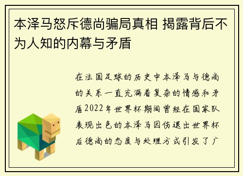 本泽马怒斥德尚骗局真相 揭露背后不为人知的内幕与矛盾