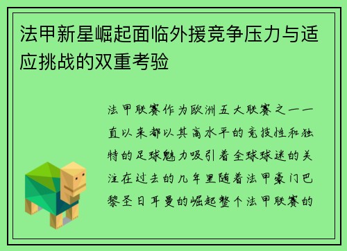 法甲新星崛起面临外援竞争压力与适应挑战的双重考验 法甲新星崛起面临外援竞争压力与适应挑战的双重考验